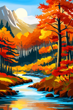 Beautiful autumn daytime landscape of a lake with mountains, trees and autumn leavesのイラスト素材