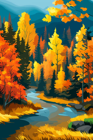 Beautiful autumn daytime landscape of a lake with mountains, trees and autumn leavesのイラスト素材