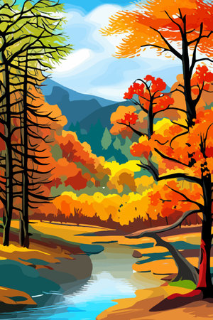 Beautiful autumn daytime landscape of a lake with mountains, trees and autumn leavesのイラスト素材