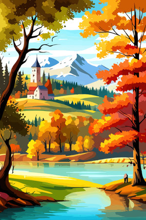 Beautiful autumn daytime landscape of a lake with mountains, trees and autumn leaves, firsのイラスト素材