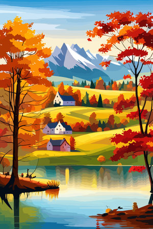 Beautiful autumn daytime landscape of a lake with mountains, trees and autumn leaves, firsのイラスト素材