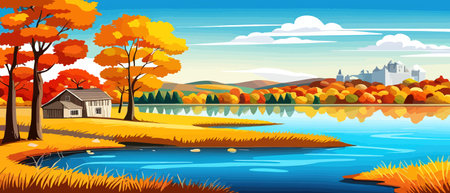Autumn landscape with trees, mountains, fields, leaves. Rural landscape. Autumn background. Vector illustration horizontal bannerのイラスト素材