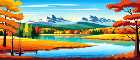 Autumn landscape with trees, mountains, fields, leaves. Rural landscape. Autumn background. Vector illustration horizontal bannerのイラスト素材