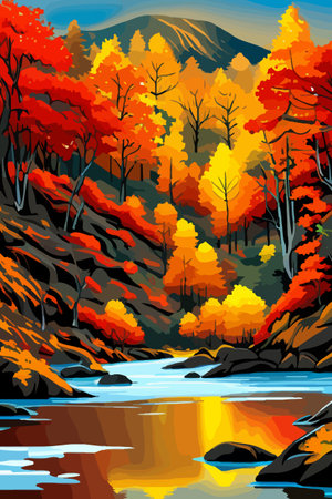 Beautiful autumn daytime landscape of a lake with mountains, trees and autumn leavesのイラスト素材