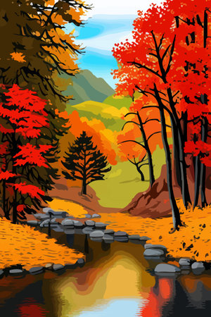 Beautiful autumn daytime landscape of a lake with mountains, trees and autumn leavesのイラスト素材