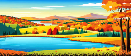 Autumn landscape with trees, mountains, fields, leaves. Rural landscape. Autumn background. Vector illustration horizontal bannerのイラスト素材