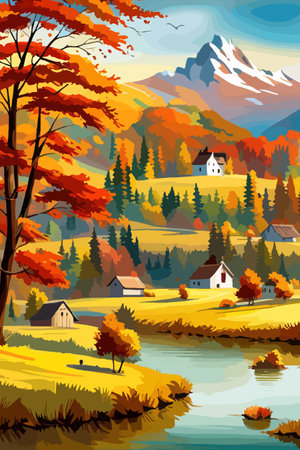 Beautiful autumn daytime landscape of a lake with mountains, trees and autumn leaves, firsのイラスト素材