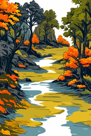 Beautiful autumn daytime landscape of a lake with mountains, trees and autumn leavesのイラスト素材