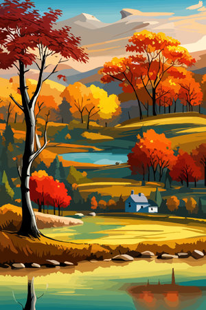 Beautiful autumn daytime landscape of a lake with mountains, trees and autumn leaves, firsのイラスト素材