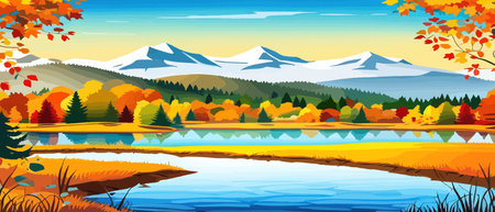 Autumn landscape with trees, mountains, fields, leaves. Rural landscape. Autumn background. Vector illustration horizontal bannerのイラスト素材