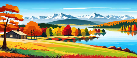 Autumn landscape with trees, mountains, fields, leaves. Rural landscape. Autumn background. Vector illustration horizontal bannerのイラスト素材