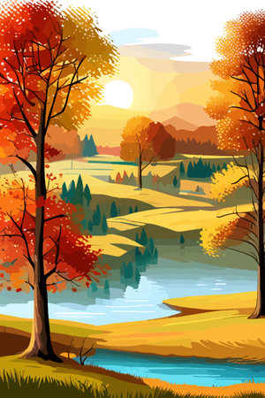 Beautiful autumn daytime landscape of a lake with mountains, trees and autumn leaves, firsのイラスト素材