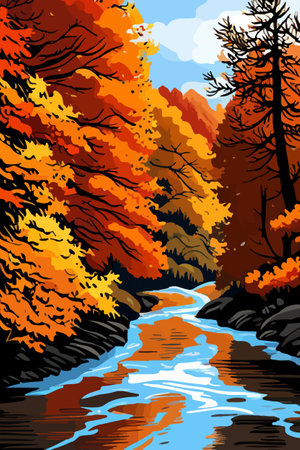 Beautiful autumn daytime landscape of a lake with mountains, trees and autumn leavesのイラスト素材