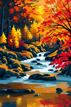 Beautiful autumn daytime landscape of a lake with mountains, trees and autumn leavesのイラスト素材