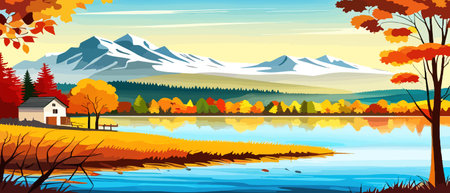 Autumn landscape with trees, mountains, fields, leaves. Rural landscape. Autumn background. Vector illustration horizontal bannerのイラスト素材