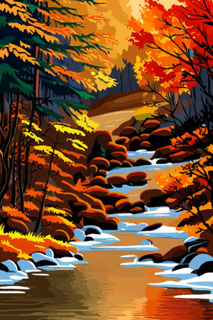 Beautiful autumn daytime landscape of a lake with mountains, trees and autumn leavesのイラスト素材