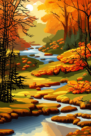 Beautiful autumn daytime landscape of a lake with mountains, trees and autumn leavesのイラスト素材