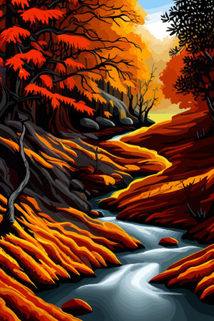 Beautiful autumn daytime landscape of a lake with mountains, trees and autumn leavesのイラスト素材