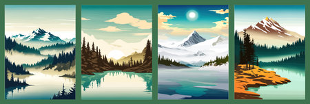 Beautiful landscape of a mountain lake with clear still water, mountain range, dense forestのイラスト素材