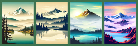 Beautiful landscape of a mountain lake with clear still water, mountain range, dense forestのイラスト素材