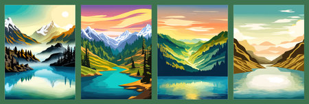 Beautiful landscape of a mountain lake with clear still water, mountain range, dense forestのイラスト素材