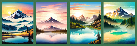 Beautiful landscape of a mountain lake with clear still water, mountain range, dense forestのイラスト素材