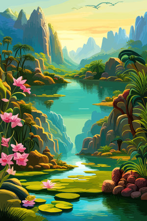 Waterfall painting with beautiful scenery. Landscape with treesのイラスト素材