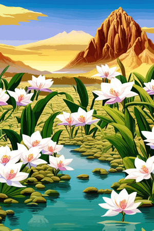Waterfall painting with beautiful scenery. Landscape with treesのイラスト素材