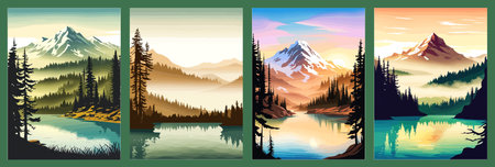 Beautiful landscape of a mountain lake with clear still water, mountain range, dense forestのイラスト素材