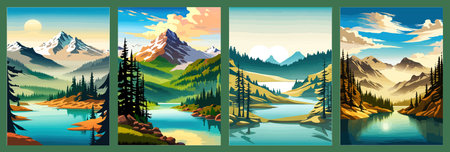 Seamless vector blue beautiful mountains patterned forest panorama illustration Mountainのイラスト素材