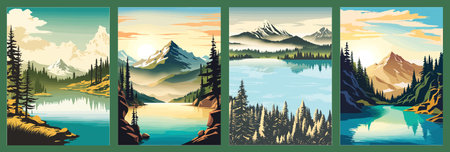 Beautiful landscape of a mountain lake with clear still water, mountain range, dense forestのイラスト素材
