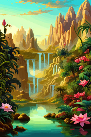 Waterfall painting with beautiful scenery. Landscape with treesのイラスト素材