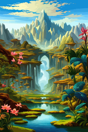 Waterfall painting with beautiful scenery. Landscape with treesのイラスト素材