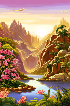 Waterfall painting with beautiful scenery. Landscape with treesのイラスト素材