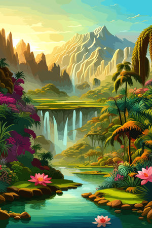 Waterfall painting with beautiful scenery. Landscape with treesのイラスト素材
