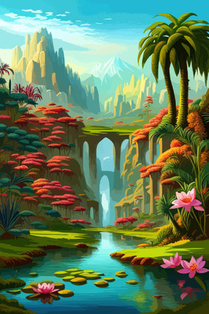 Waterfall painting with beautiful scenery. Landscape with treesのイラスト素材