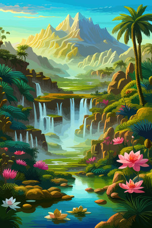 Waterfall painting with beautiful scenery. Landscape with treesのイラスト素材