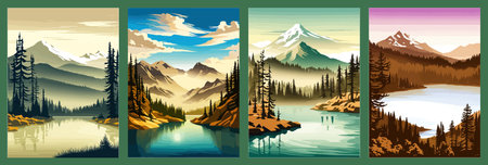 Beautiful landscape of a mountain lake with clear still water, mountain range, dense forestのイラスト素材