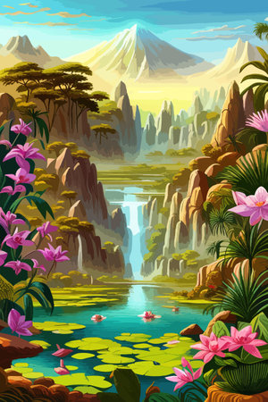Waterfall painting with beautiful scenery. Landscape with treesのイラスト素材