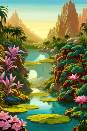 Waterfall painting with beautiful scenery. Landscape with treesのイラスト素材