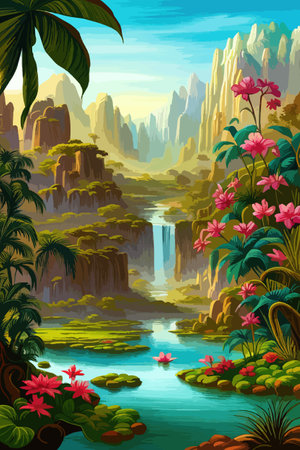 Waterfall painting with beautiful scenery. Landscape with treesのイラスト素材
