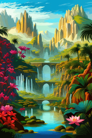Waterfall painting with beautiful scenery. Landscape with treesのイラスト素材