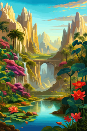 Waterfall painting with beautiful scenery. Landscape with treesのイラスト素材