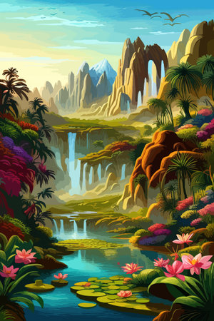 Waterfall painting with beautiful scenery. Landscape with treesのイラスト素材