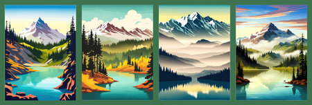 Beautiful landscape of a mountain lake with clear still water, mountain range, dense forestのイラスト素材