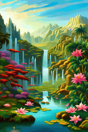 Waterfall painting with beautiful scenery. Landscape with treesのイラスト素材