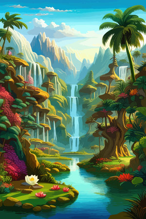 Waterfall painting with beautiful scenery. Landscape with treesのイラスト素材