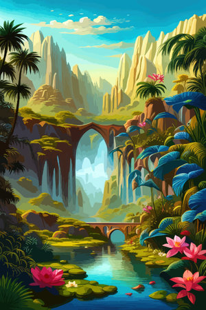 Waterfall painting with beautiful scenery. Landscape with treesのイラスト素材