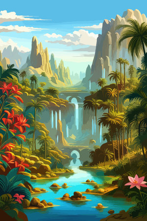 Waterfall painting with beautiful scenery. Landscape with treesのイラスト素材