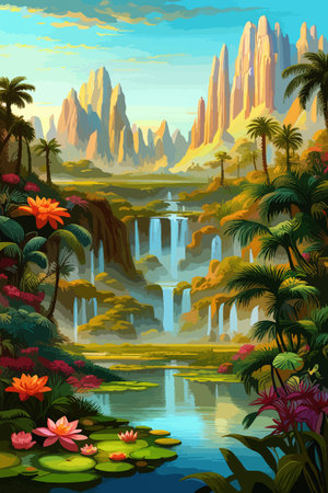 Waterfall painting with beautiful scenery. Landscape with treesのイラスト素材